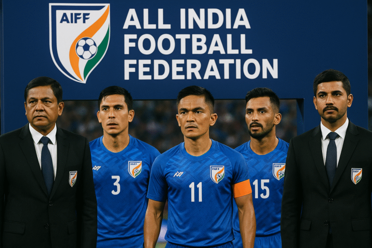 All India Football Federation officials and Indian football players standing together under the AIFF banner, representing the backbone of Indian football.