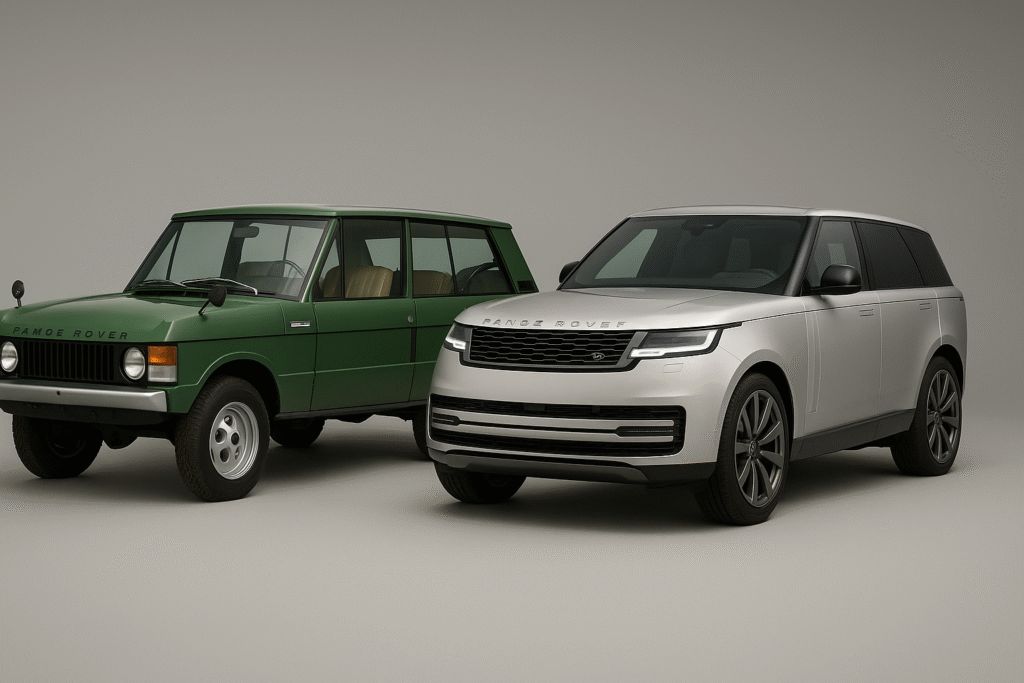 55 Years of Range Rover showcased through the classic 1970 green model and the modern 2025 silver SUV side by side, representing evolution, luxury, and innovation.