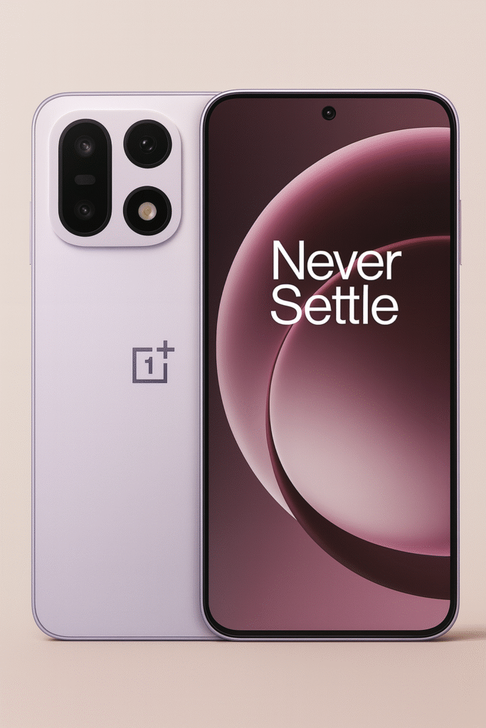 OnePlus smartphone showcasing sleek modern design with dual rear cameras and “Never Settle” display slogan, representing OxygenOS 16 performance and style.