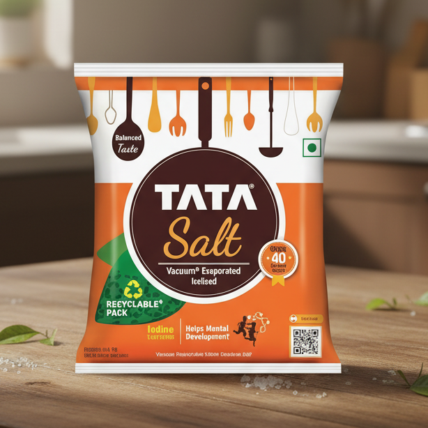 Tata Salt vacuum-evaporated iodised pack placed on a wooden kitchen counter with soft natural light and a blurred modern kitchen background.