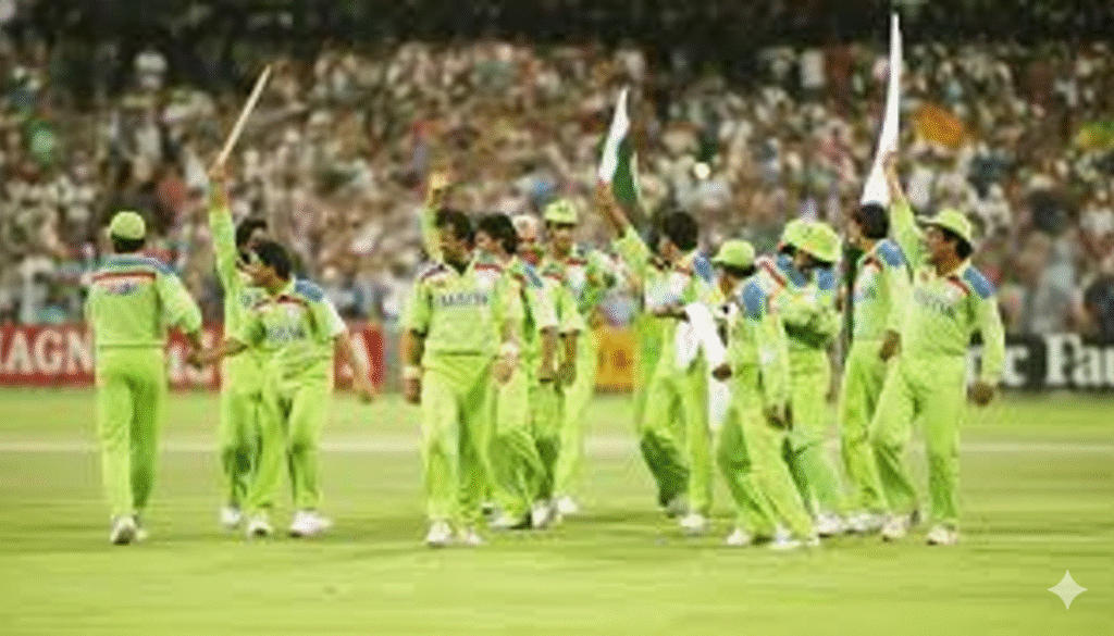 Pakistan Cricket Team celebrating victory during the 1992 Cricket World Cup, players in light green uniforms waving flags and cheering on the field.