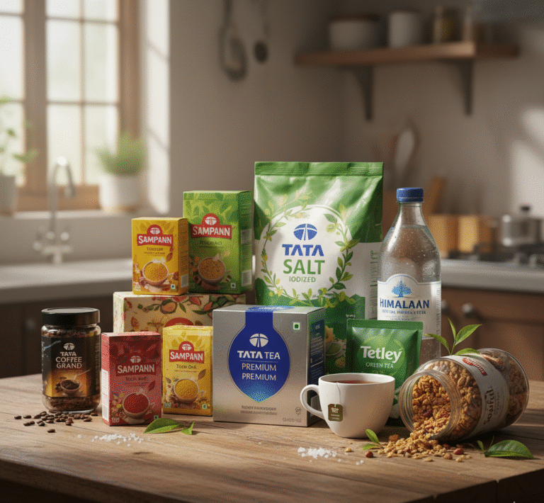 A kitchen table displaying Tata Consumer Products including Tata Salt, Tata Tea, Tetley Green Tea, Tata Sampann pulses, Tata Coffee, Himalayan water, and granola.