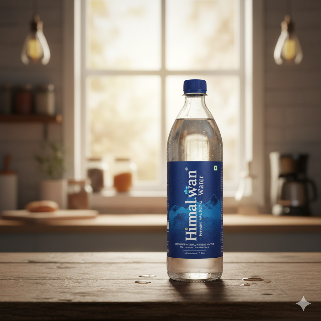 Himalayan natural mineral water bottle on a wooden kitchen counter with soft sunlight through a window, showcasing premium packaged drinking water branding.