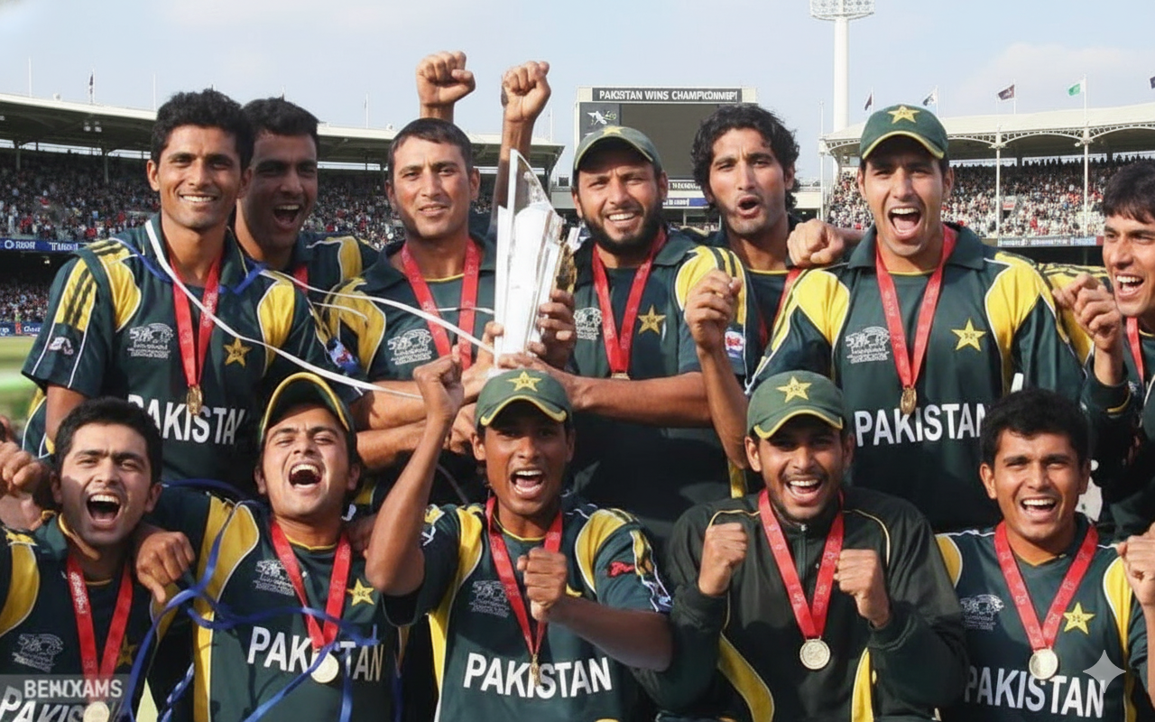 Pakistan Cricket Team celebrating T20 World Cup victory with trophy and medals, players cheering and smiling in green and yellow uniforms.