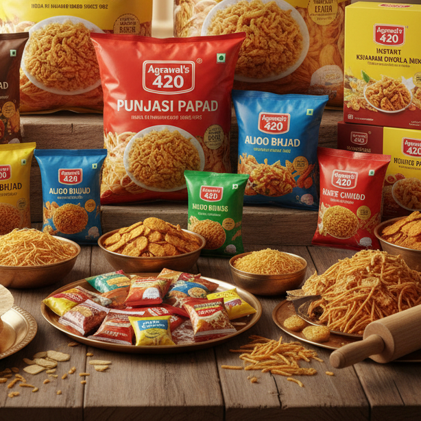 Agrawal’s 420 product range including papads, namkeen, ready mixes, and snacks arranged on a wooden table with traditional Indian ingredients.