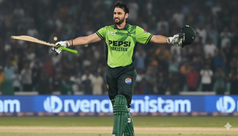 Salman Ali Agha celebrates a brilliant innings for Pakistan, raising his bat and helmet after a match-winning performance in a limited-overs game.