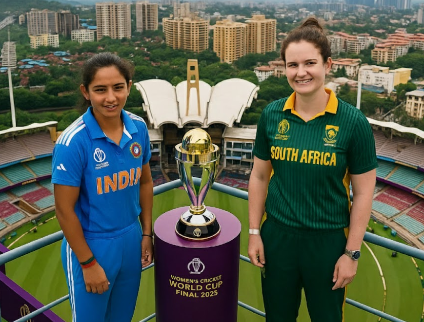 Women’s World Cup 2025 Final- Harmanpreet Kaur and Laura Wolvaardt with ICC Women’s World Cup 2025 trophy before final.