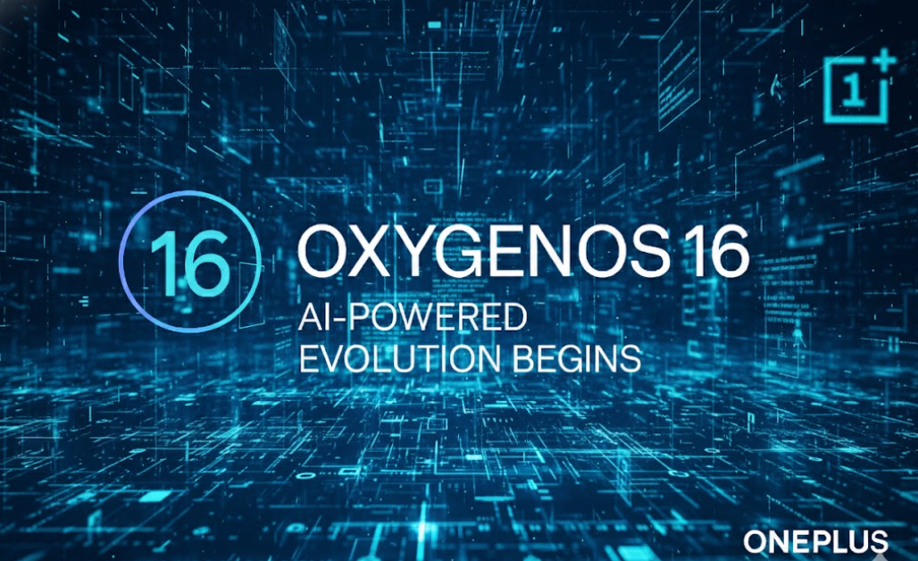 OxygenOS 16 Review banner featuring AI-powered evolution design with futuristic blue digital background and OnePlus logo.