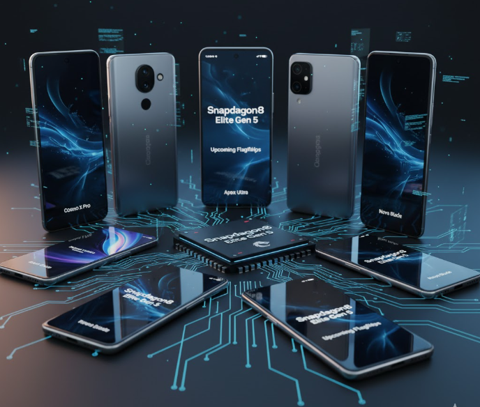 A lineup of futuristic flagship smartphones powered by Snapdragon 8 Elite Gen 5, displayed on a glowing digital circuit background representing cutting-edge technology.