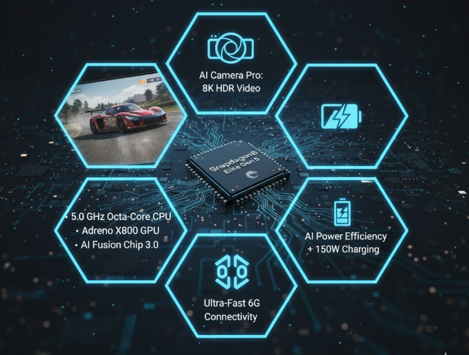 Snapdragon 8 Elite Gen 5 features — 5.0 GHz CPU, Adreno X800 GPU, 8K HDR camera, 6G connectivity, and 150W fast charging.