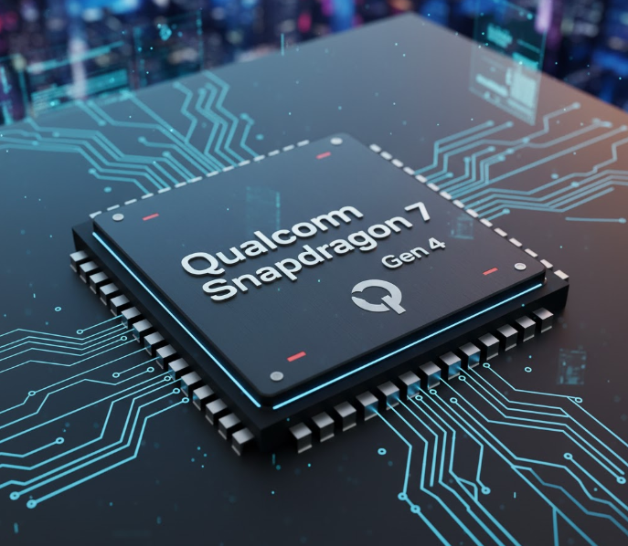 Close-up render of a Qualcomm Snapdragon 7 Gen 4 processor chip placed on a futuristic motherboard with glowing blue circuit patterns.