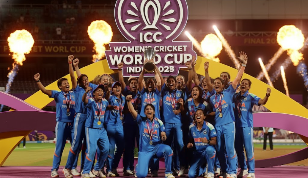 India Women celebrate their ICC Women’s World Cup 2025 victory, lifting the trophy amid fireworks and cheers at the DY Patil Stadium in Navi Mumbai.