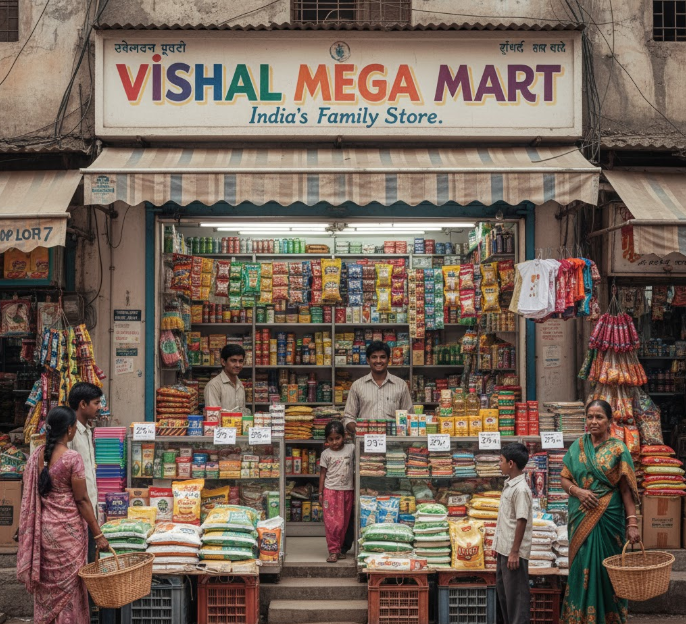 Front view of a small Vishal Mega Mart store in India, displaying grocery items, snacks, and household essentials, with shopkeepers and customers interacting outside.