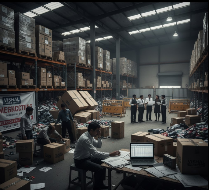 Employees working in a large Vishal Mega Mart warehouse filled with stacked boxes and inventory, managing logistics and supply chain operations.