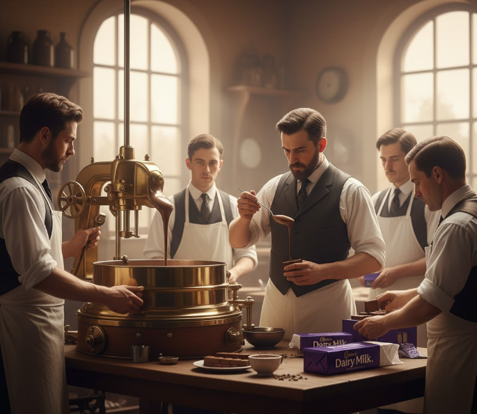 Chocolate makers in an early 20th-century Cadbury workshop carefully preparing melted chocolate with vintage machinery, surrounded by Dairy Milk bars on a wooden table.
