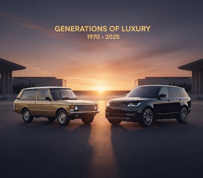 55 Years of Range Rover celebrated with the classic 1970 model and the modern 2025 edition parked side by side at sunset, symbolizing luxury, innovation, and timeless design.