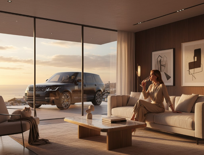 55 Years of Range Rover symbolized through a modern luxury SUV parked outside a stylish living room at sunset, representing elegance, comfort, and innovation.