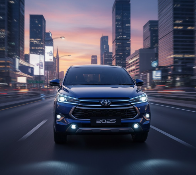 Toyota Innova HyCross 2025 driving through a modern city at dusk, showcasing its hybrid design, LED headlights, and futuristic appeal.