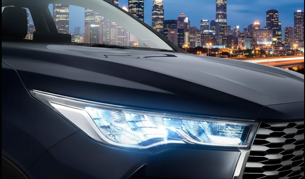 Close-up view of Toyota Innova HyCross 2025 LED headlight design showcasing its sleek chrome finish, modern styling, and premium front fascia