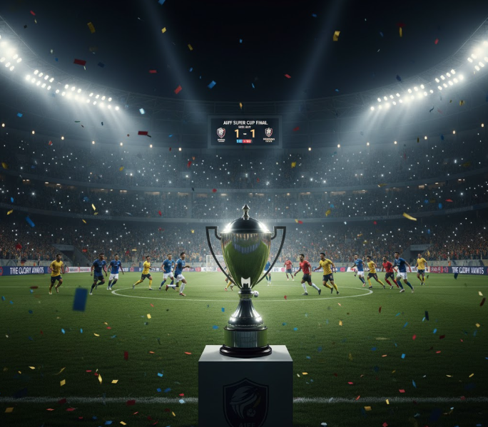 AIFF Super Cup 25/26 Final Trophy on the field during an intense match under stadium lights with cheering fans and confetti.
