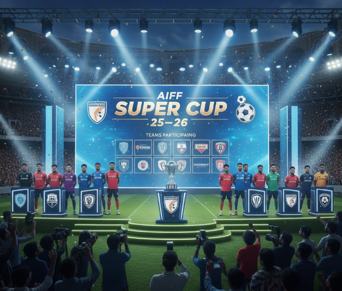 AIFF Super Cup 25/26 teams participating event showcasing players, club logos, and the championship trophy on stage inside a packed stadium.