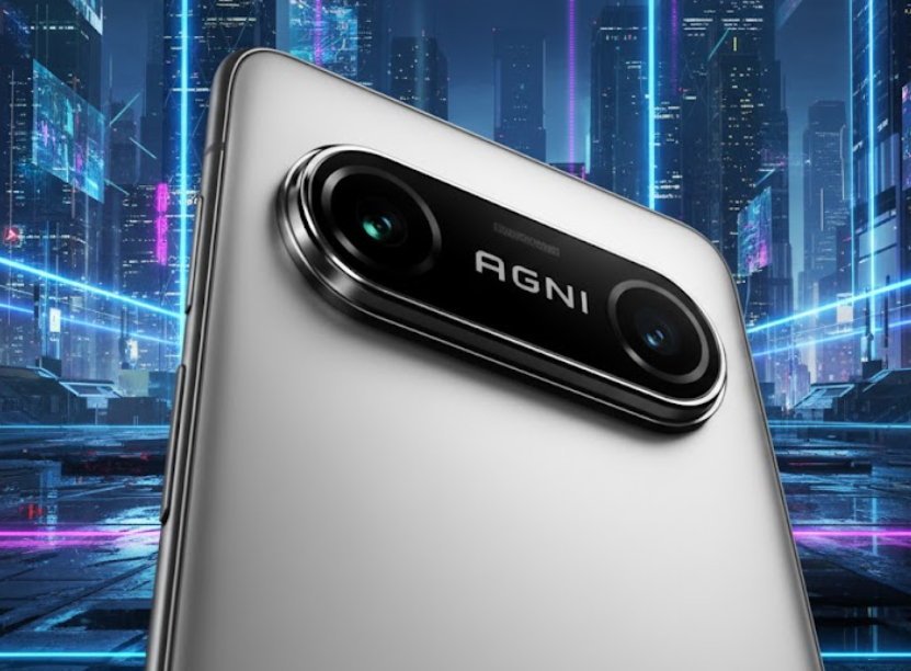 Lava Agni 4 smartphone rear camera module close-up showcasing dual-lens AGNI branding and sleek metallic design, highlighting premium build and photography power.