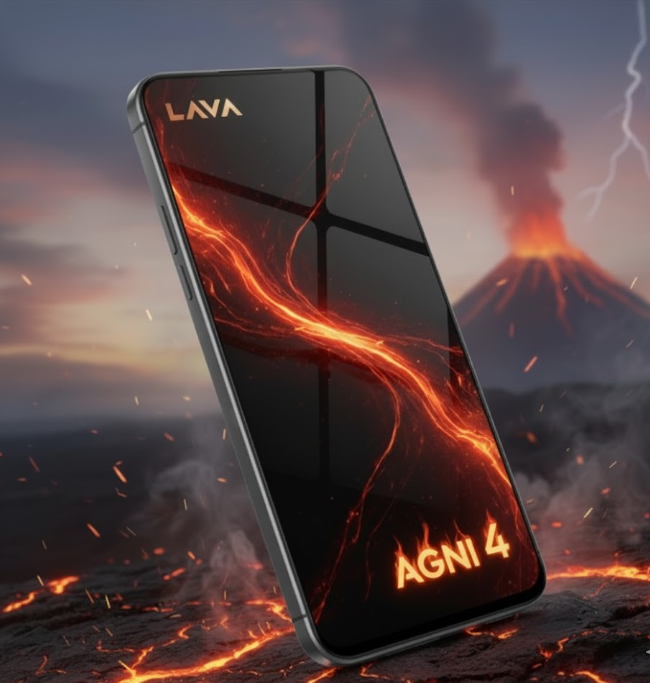 Lava Agni 4 smartphone standing on volcanic ground with glowing lava and erupting volcano in the background, symbolizing power and performance.