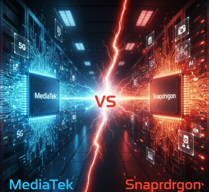 MediaTek vs Snapdragon 2025 battle image displaying advanced AI chips, gaming graphics, and futuristic circuit boards for smartphone performance.