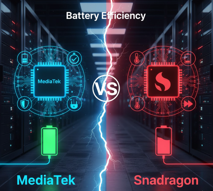 MediaTek vs Snapdragon battery efficiency comparison image showing smartphone chip power management and energy optimization