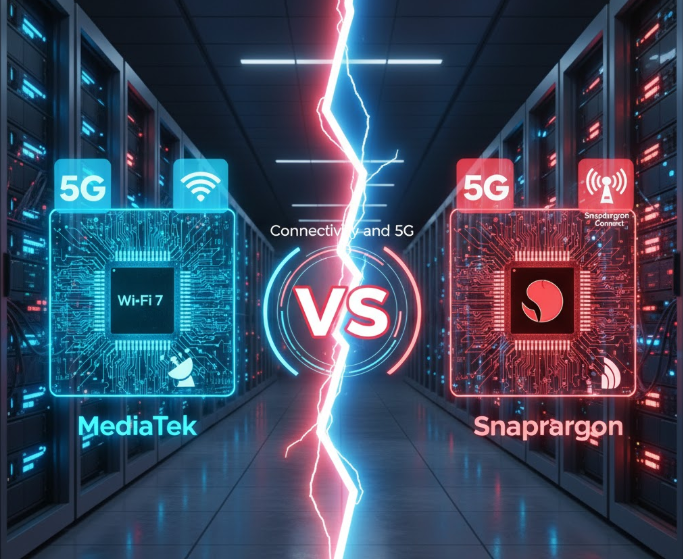 MediaTek vs Snapdragon 5G and Wi-Fi 7 chipset comparison illustrating next-generation connectivity and mobile network performance.