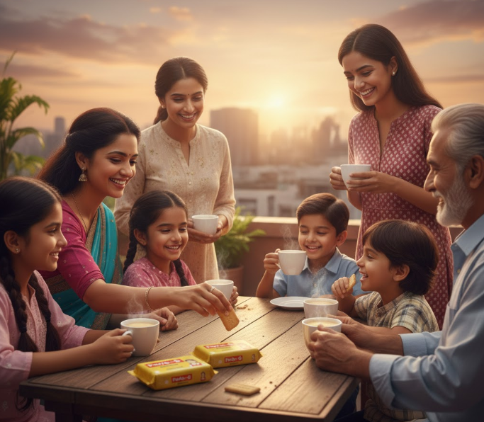 A happy Indian family enjoying tea with Parle-G biscuits on a rooftop at sunset, symbolizing togetherness and tradition.