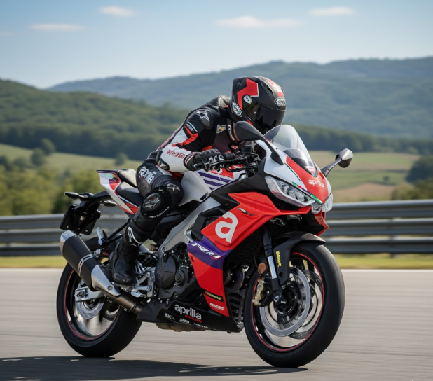 Rider leaning into a turn on an Aprilia RS 457 GP Replica during a track session under clear skies.