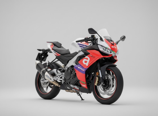 Aprilia RS 457 GP Replica motorcycle in a studio setting, featuring red, white, and purple MotoGP-inspired livery with aerodynamic fairing and sporty design.