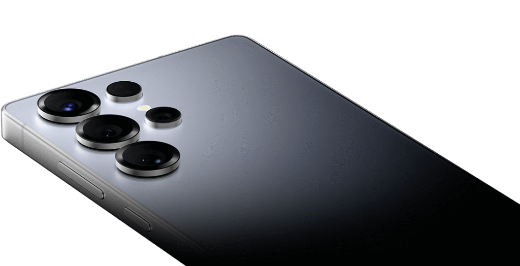 Close-up of the Samsung Galaxy S25 Ultra showcasing its sleek metallic body and advanced quad-camera system, powered by Snapdragon 8 Elite Gen 5 for next-level performance.