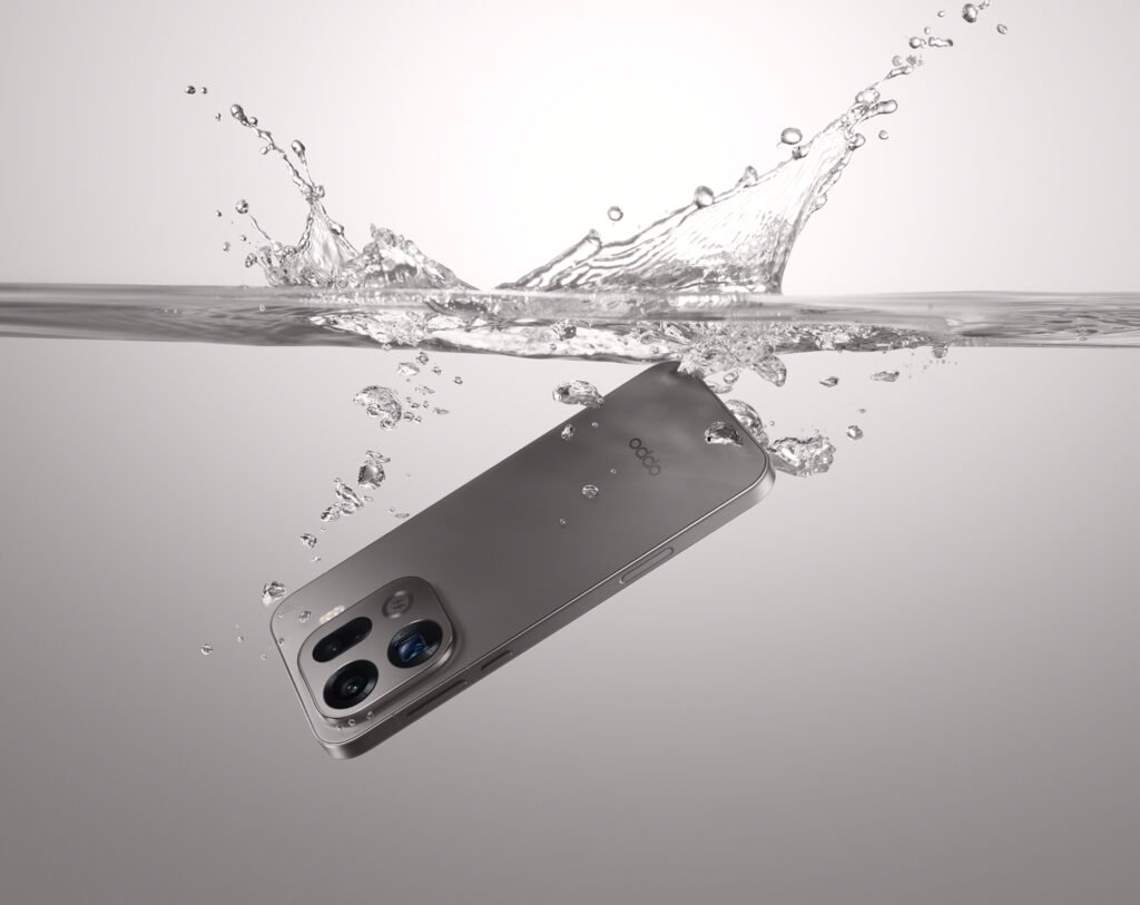 OPPO Find X9 smartphone partially submerged in water, showcasing its IP68 water resistance and durable premium design as water splashes around it.