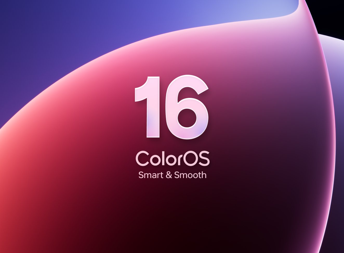 ColorOS 16 logo with the tagline “Smart & Smooth” displayed on a vibrant gradient background blending purple, red, and pink tones.