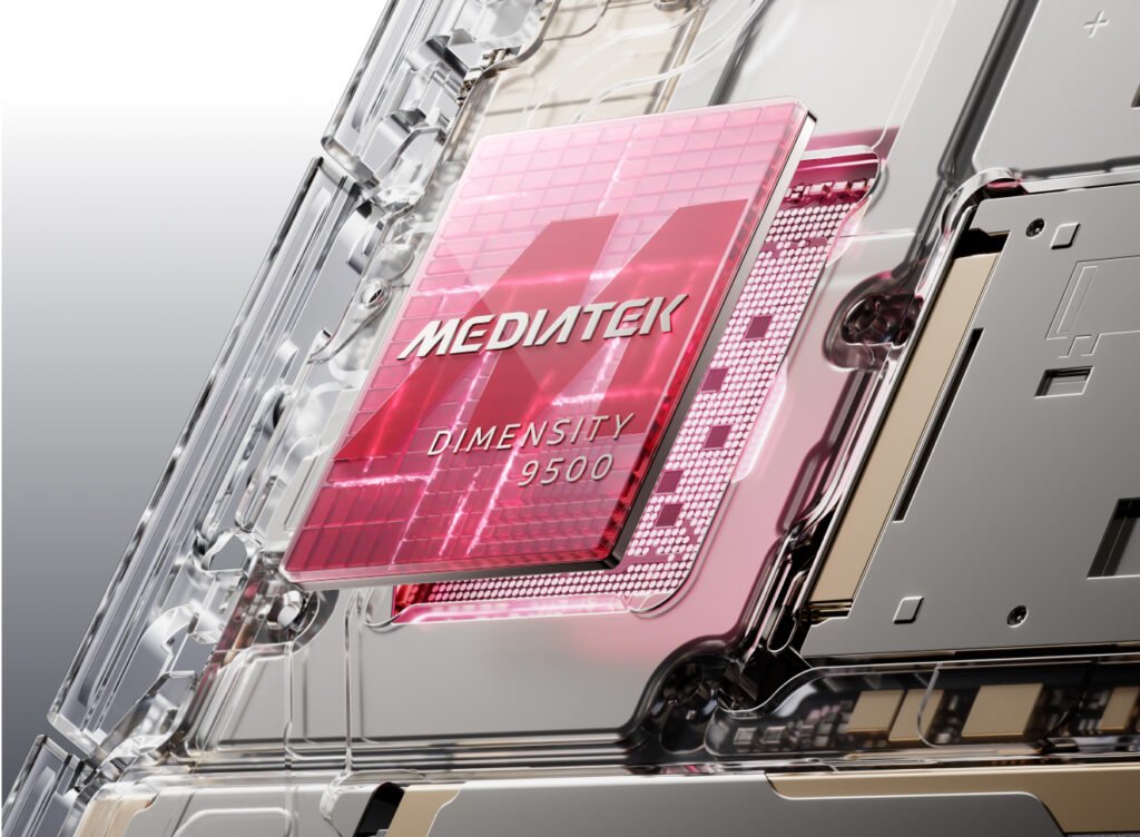 Close-up view of the MediaTek Dimensity 9500 processor embedded in a transparent smartphone motherboard, highlighting its red metallic design and advanced chipset architecture.