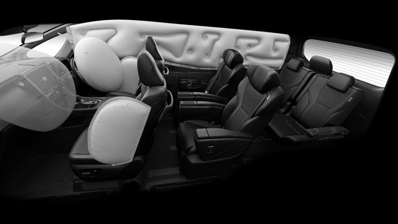 Toyota Vellfire 2025 cabin showcasing full airbag deployment for all three rows, highlighting the MPV’s advanced passenger safety and protection features.