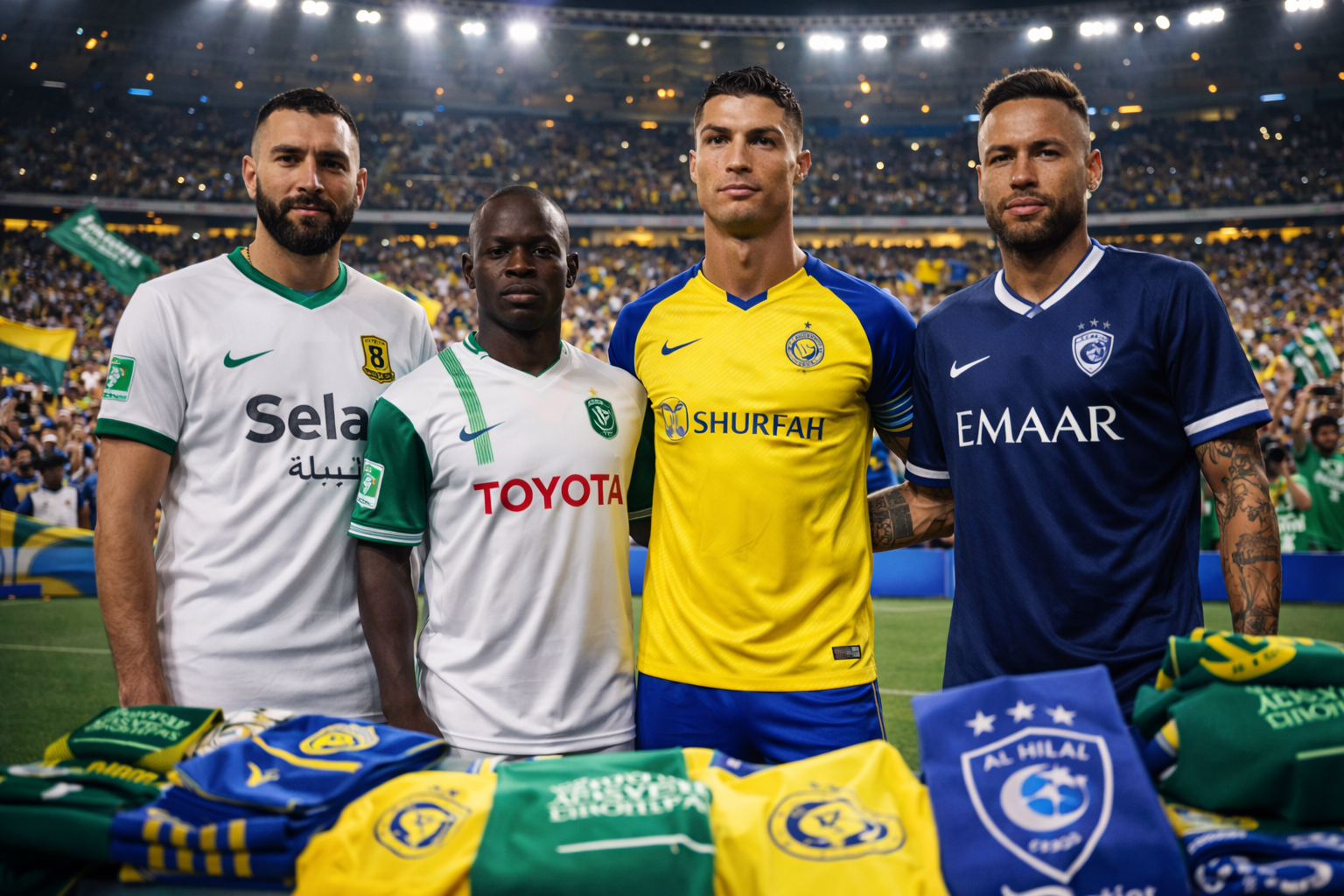 Cristiano Ronaldo with global football stars during a Saudi Pro League match in a packed stadium