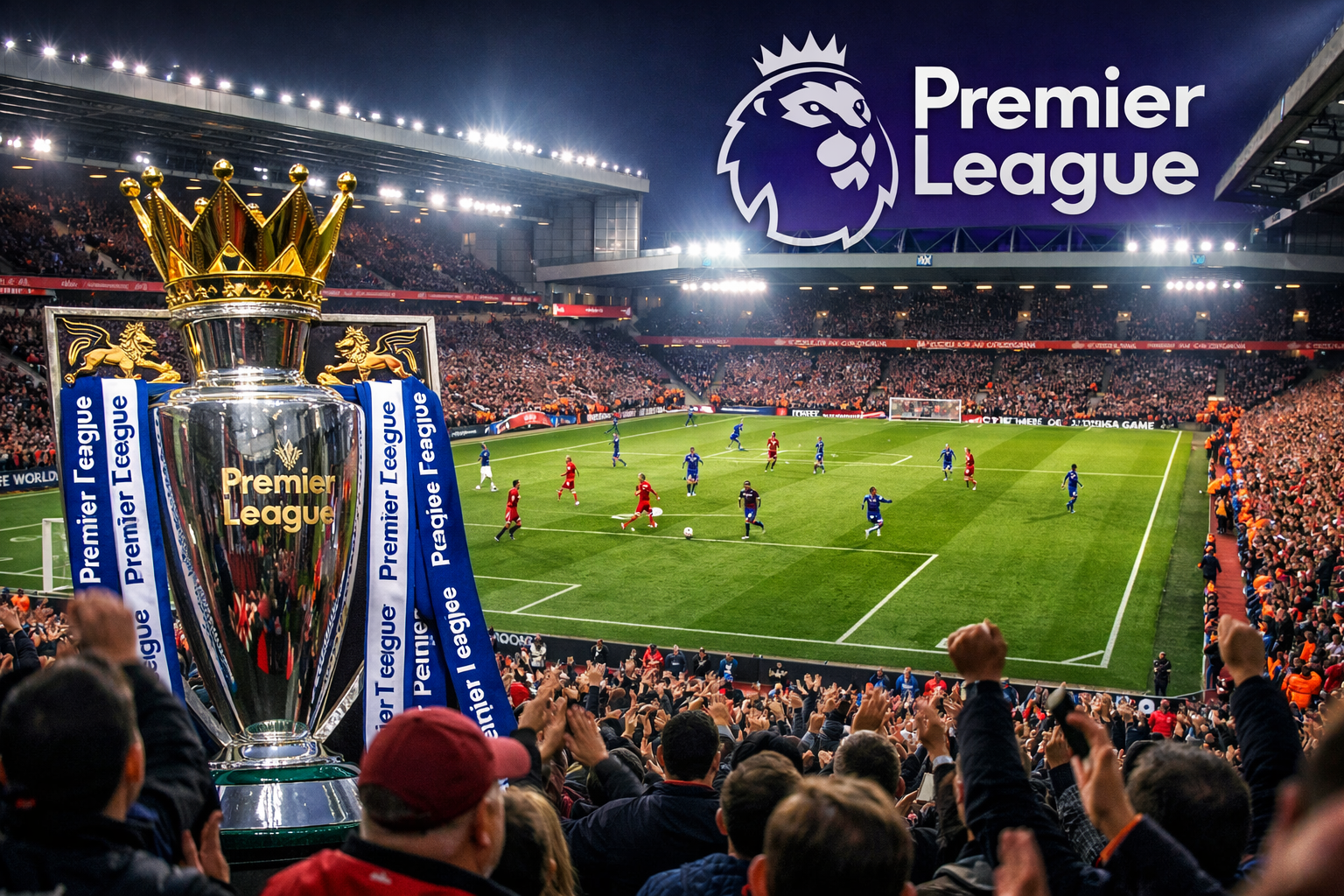 Premier League football match with trophy and packed stadium showcasing global popularity
