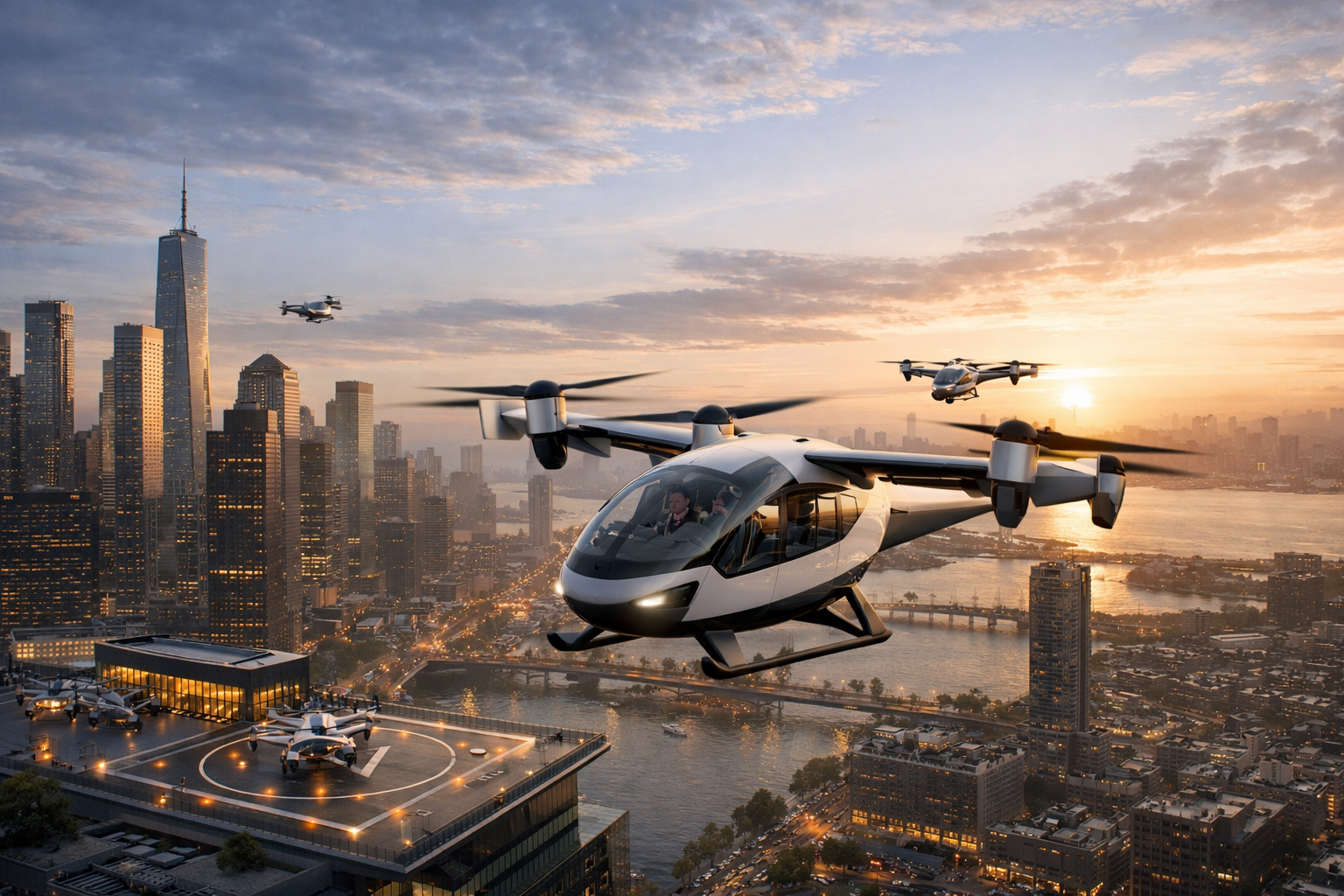 Ultra-realistic eVTOL aircraft flying over a modern city skyline with rooftop vertiport, showcasing future urban air mobility