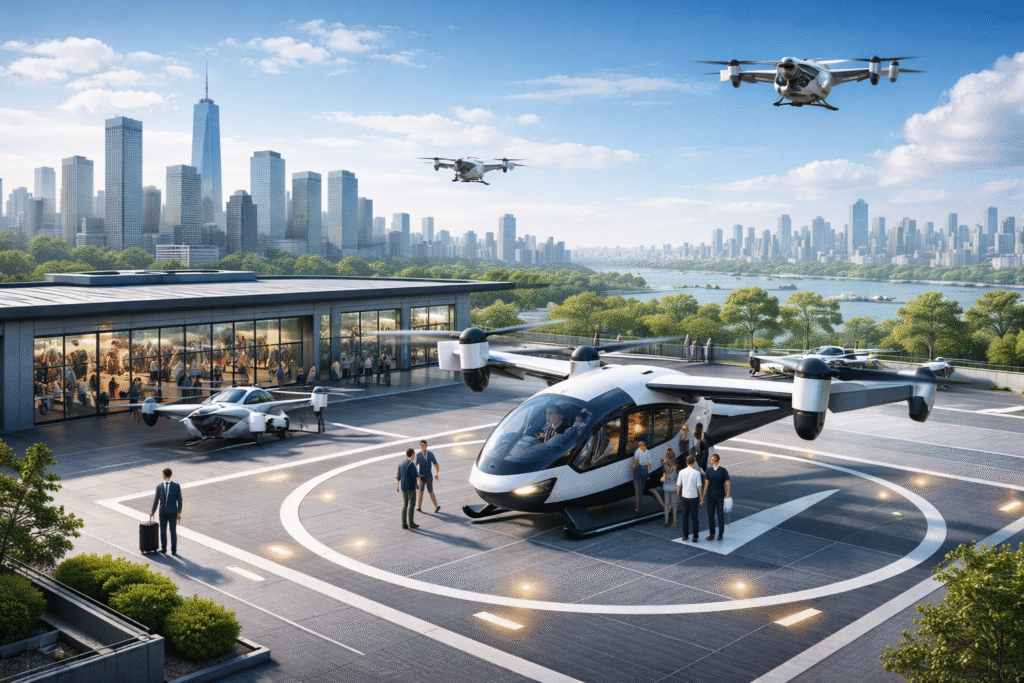 eVTOL aircraft at a rooftop vertiport with passengers boarding, showcasing the future of urban air mobility in a modern city