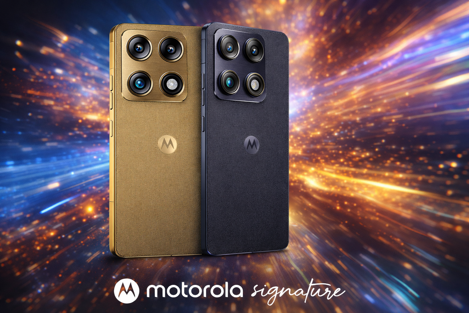 Motorola Signature flagship smartphone featuring premium gold and graphite design with quad camera setup