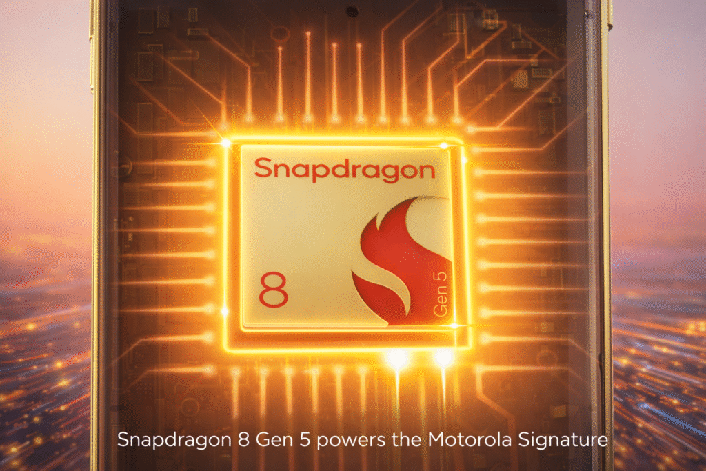 Snapdragon 8 Gen 5 processor powering Motorola Signature flagship smartphone with glowing chipset design
