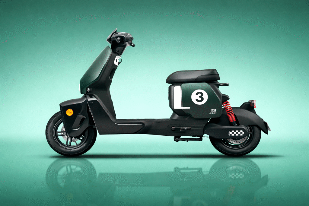 ZEEHO EZ3 electric scooter side view in horizontal layout with green gradient background for urban commuting