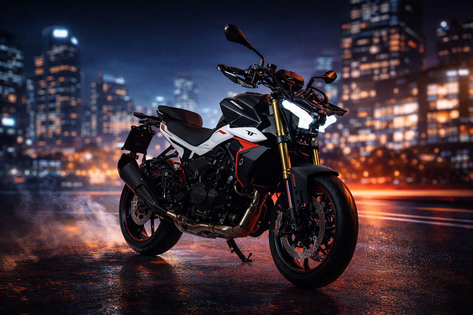 Benelli TNT 550 naked motorcycle parked on a wet city street at night with illuminated skyline and aggressive streetfighter design