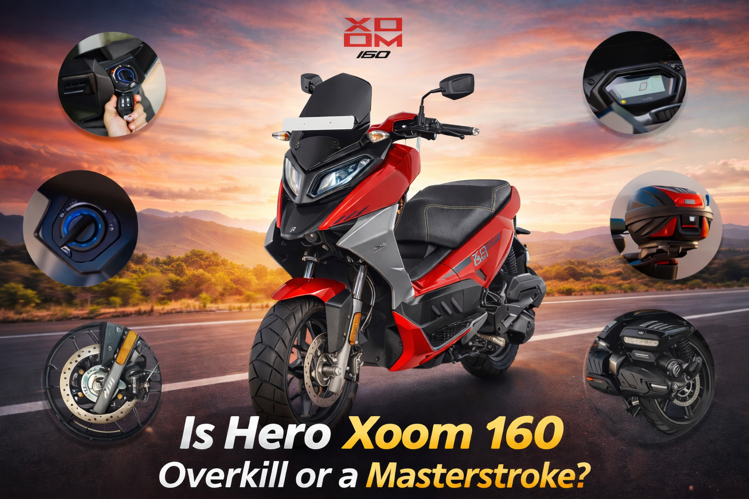 Hero Xoom 160 maxi scooter featured image showing adventure design, digital console, smart key, ABS braking and powerful 160cc engine on open road