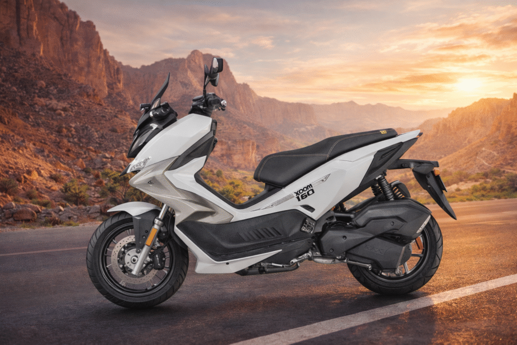 Hero Xoom 160 maxi scooter side profile on open mountain road, showcasing adventure-inspired design, comfortable seating and premium build quality