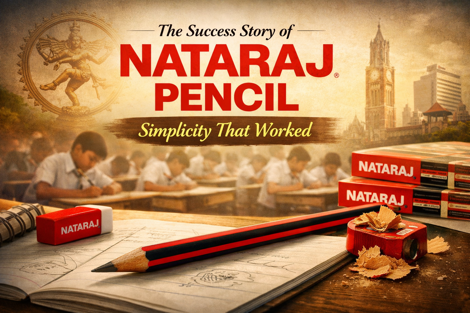 Nataraj Pencil on a notebook with eraser and sharpener, set against an Indian classroom background.
