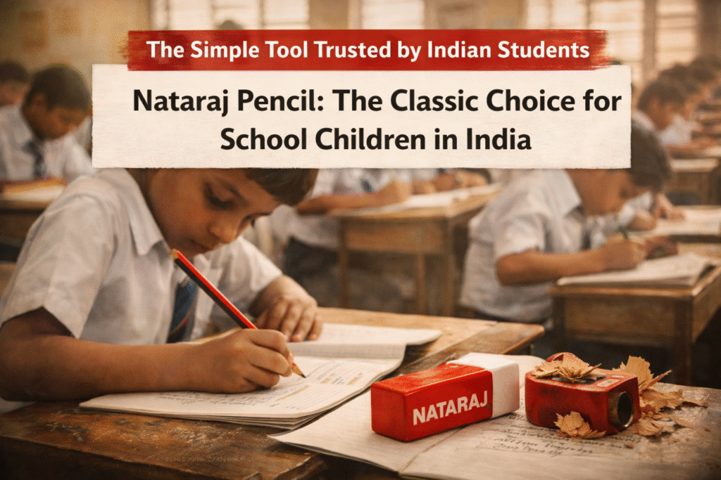 Indian school students writing in notebooks with Nataraj Pencil inside a classroom setting.